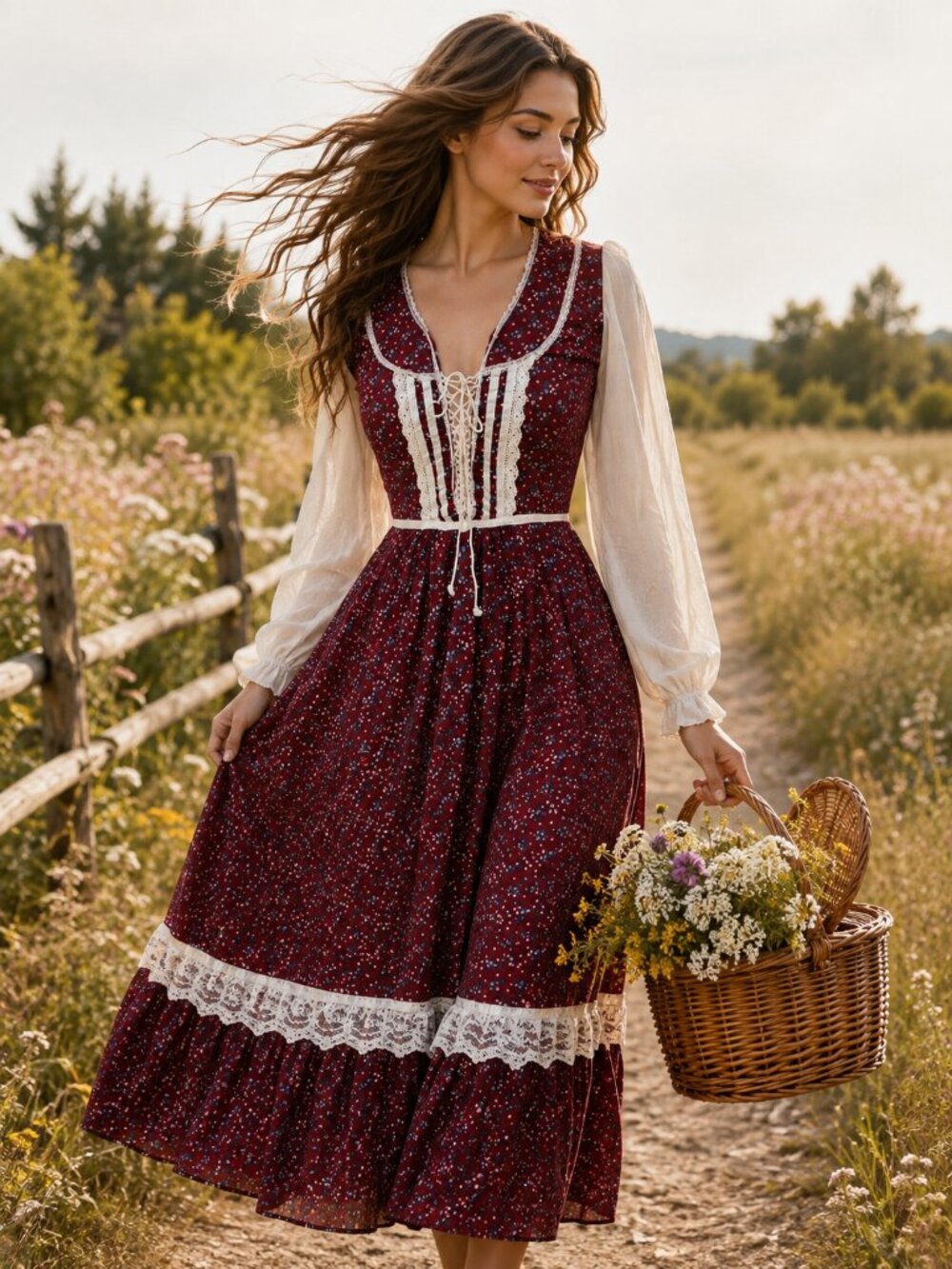 Vintage Gunne Sax Dress Calico Prairie Ditzy Floral Lace Front Corset size 4/6